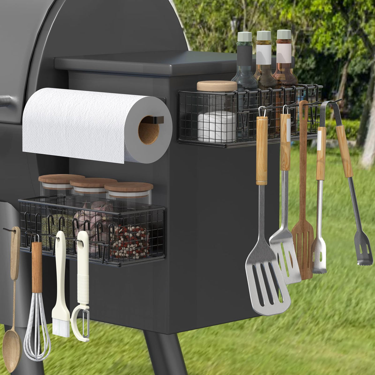 viespe front view showing both magnetic storage bins and towel holder for organized grilling