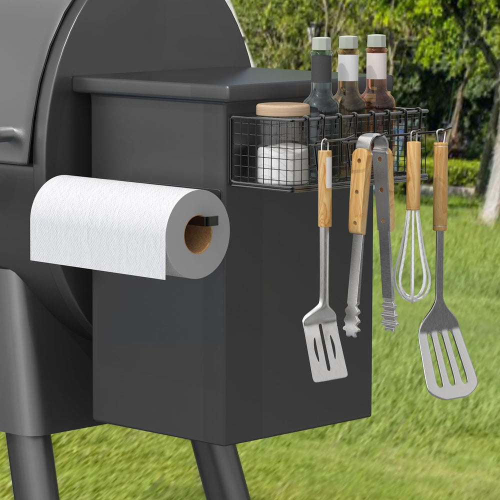 viespe front view mounted on grill showing organized condiments and towels for quick access