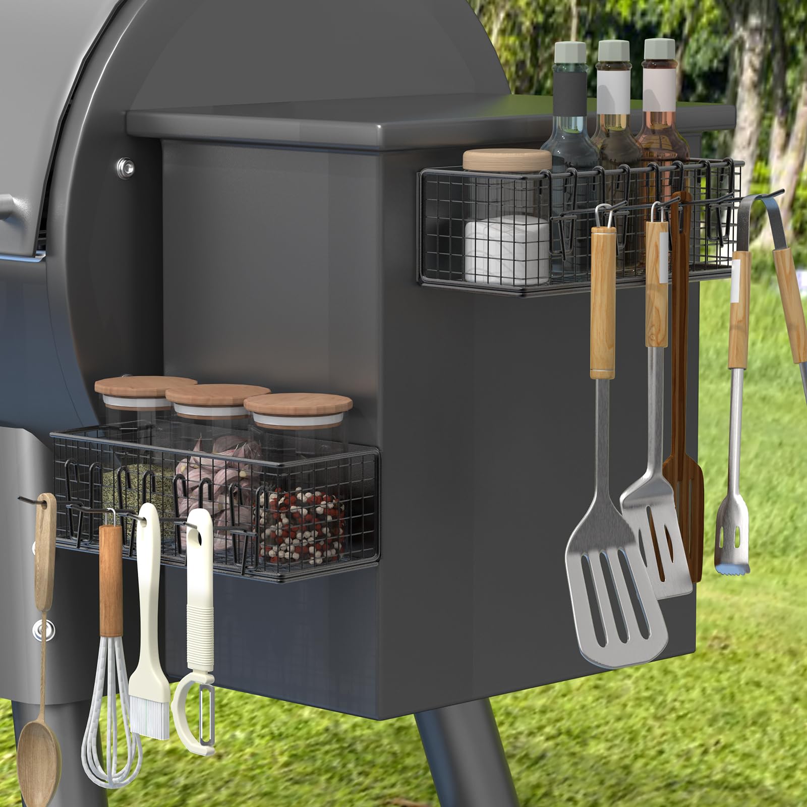 viespe front view on Traeger hopper showing quick access and organized tools