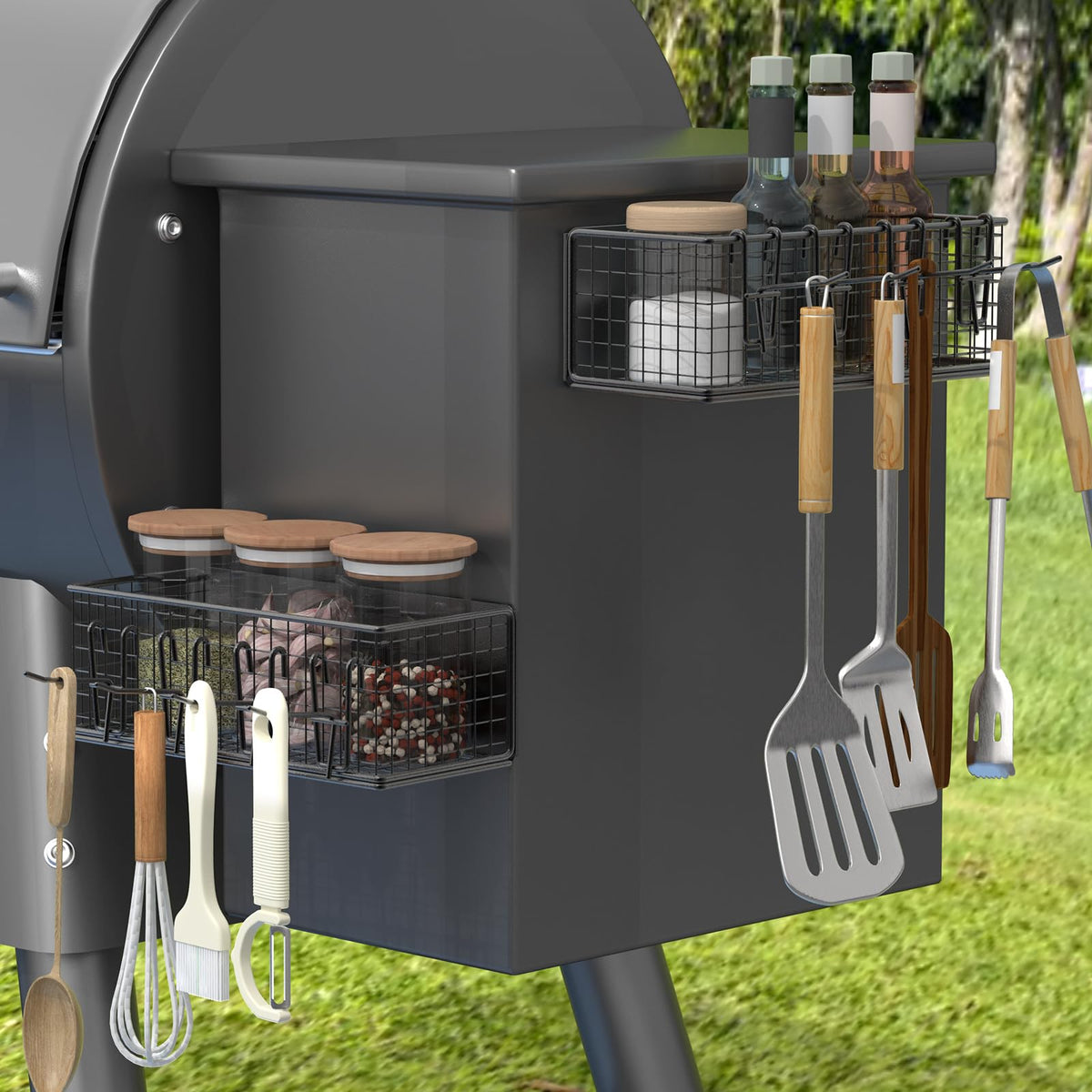 viespe front view on Traeger hopper showing quick access and organized tools