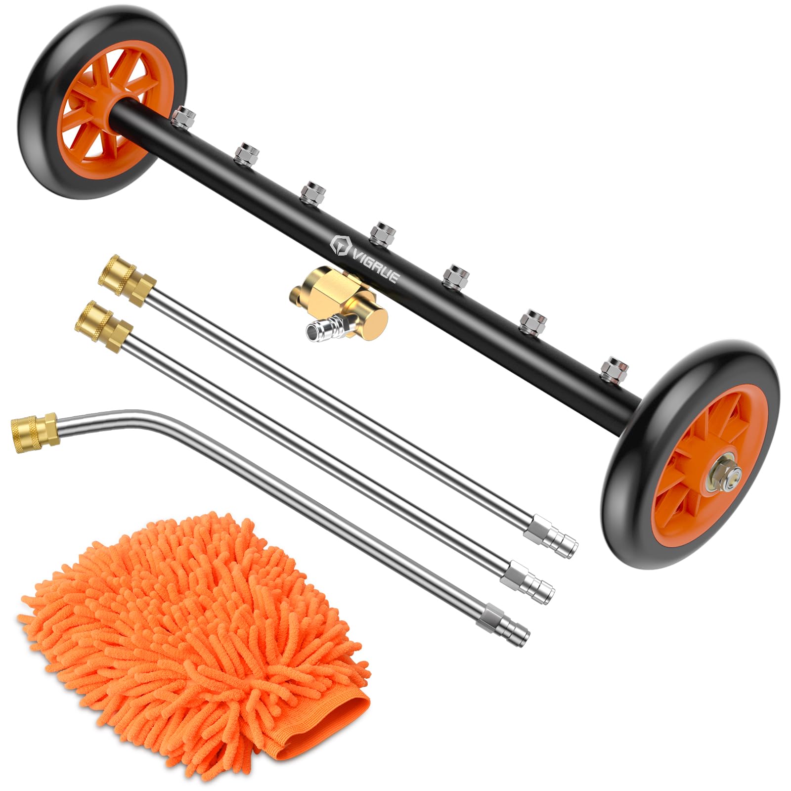 VIGRUE front view of 24-inch pressure water broom showing full assembly and benefits