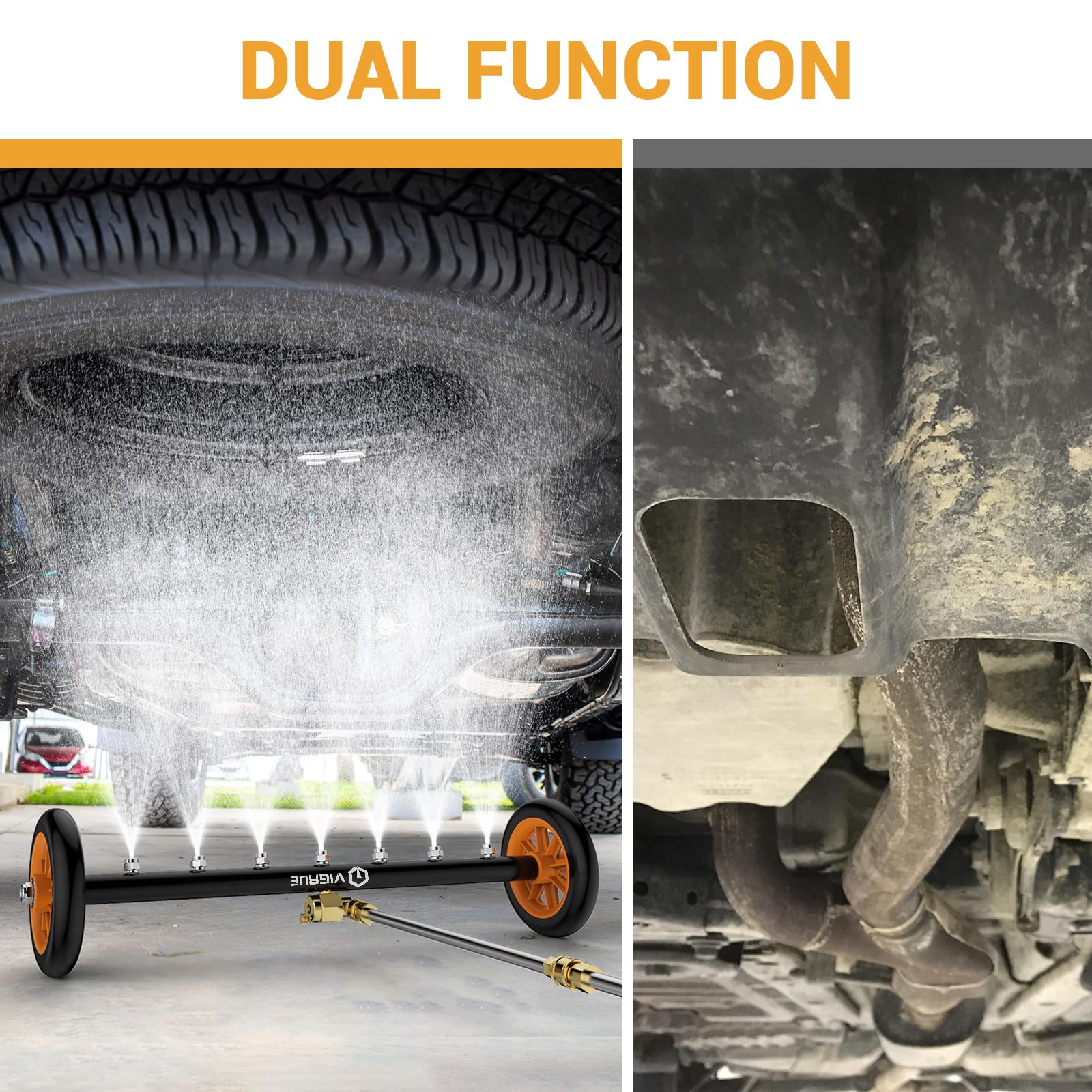 VIGRUE wear-resistant wheels and aluminum frame detail for smooth rolling and durability