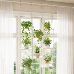 Vihawke front view of hanging window shelf showing organized plants and style benefit