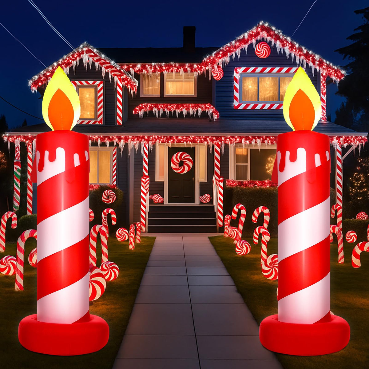 VIHOSE front view of inflatable candy cane candles showing festive curb appeal