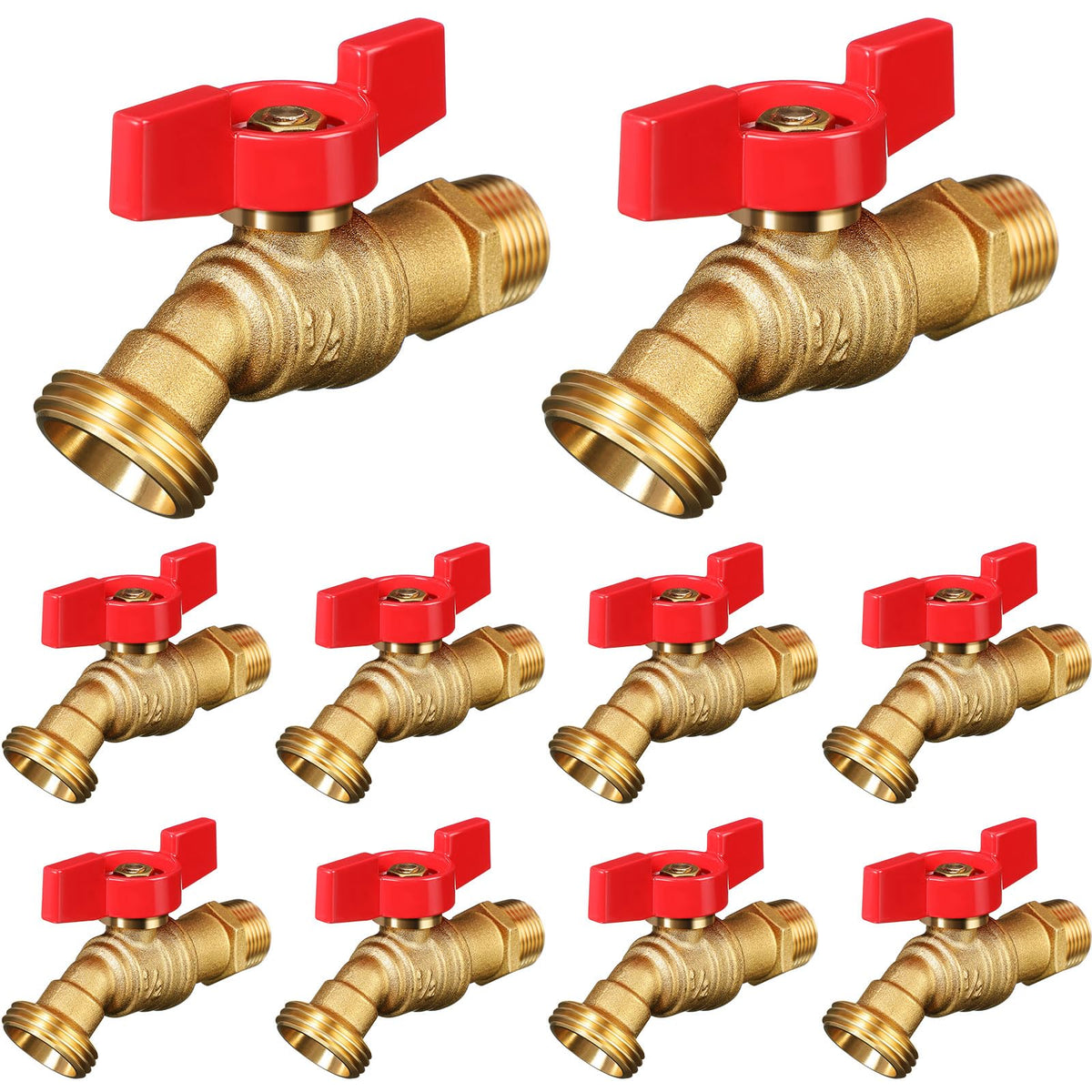 VIHOSE front view of ten brass hose bibs showing red handles and package benefit durability