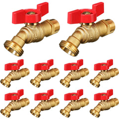 VIHOSE front view of ten brass hose bibs showing red handles and package benefit durability
