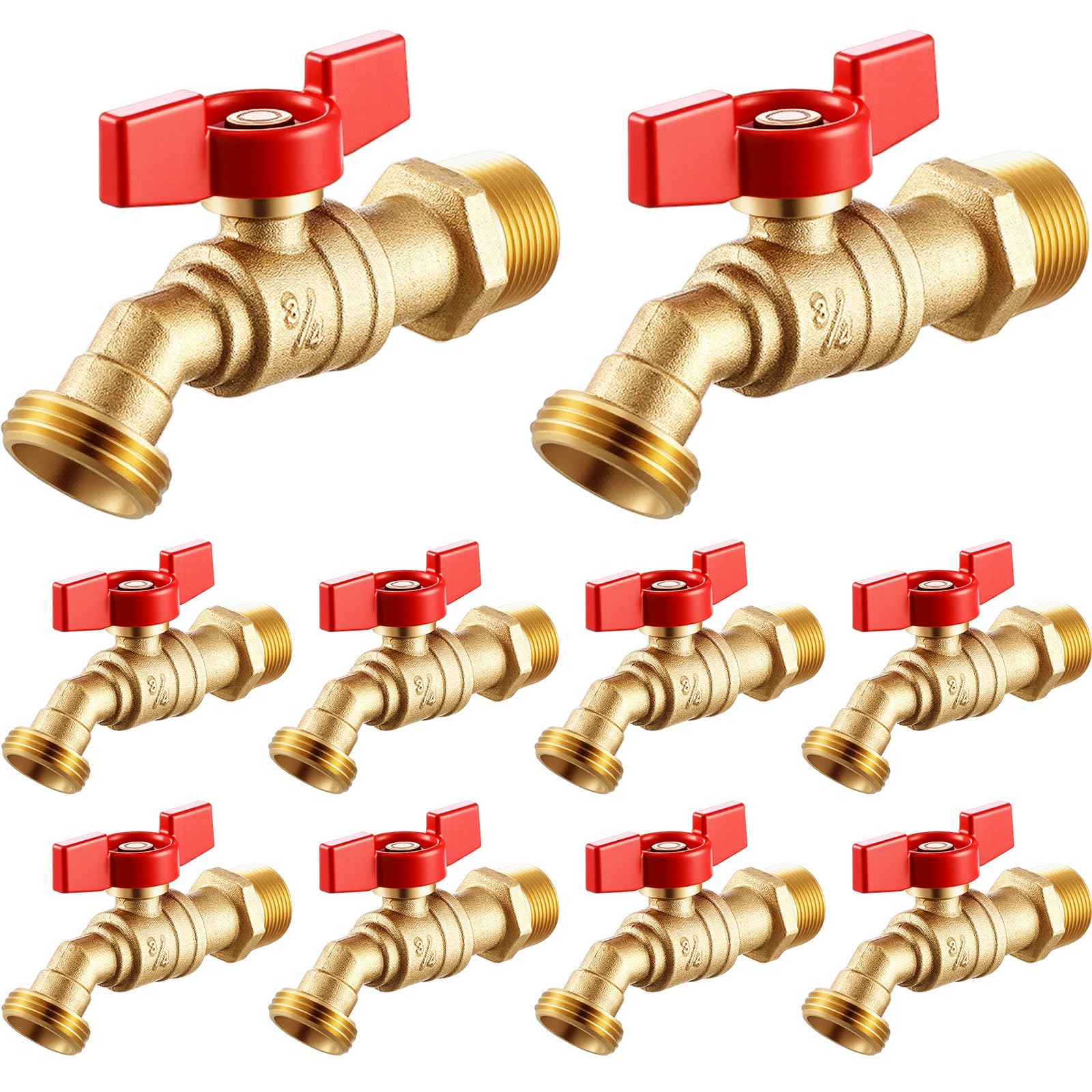 VIHOSE front view of ten red brass hose bibs showing durable finish and easy identification
