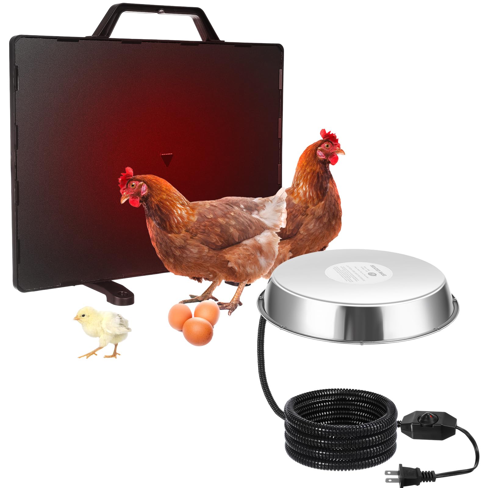 VIHOSE radiant panel and stainless steel waterer shown together for winter warmth