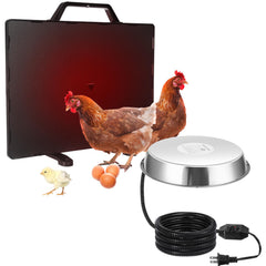 VIHOSE radiant panel and stainless steel waterer shown together for winter warmth