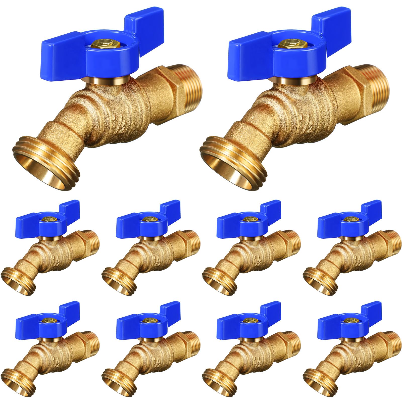 VIHOSE front view of ten brass hose bibs showing durable construction and value