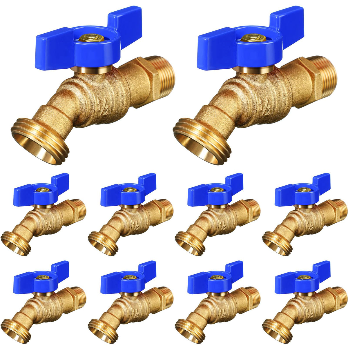 VIHOSE front view of ten brass hose bibs showing durable construction and value