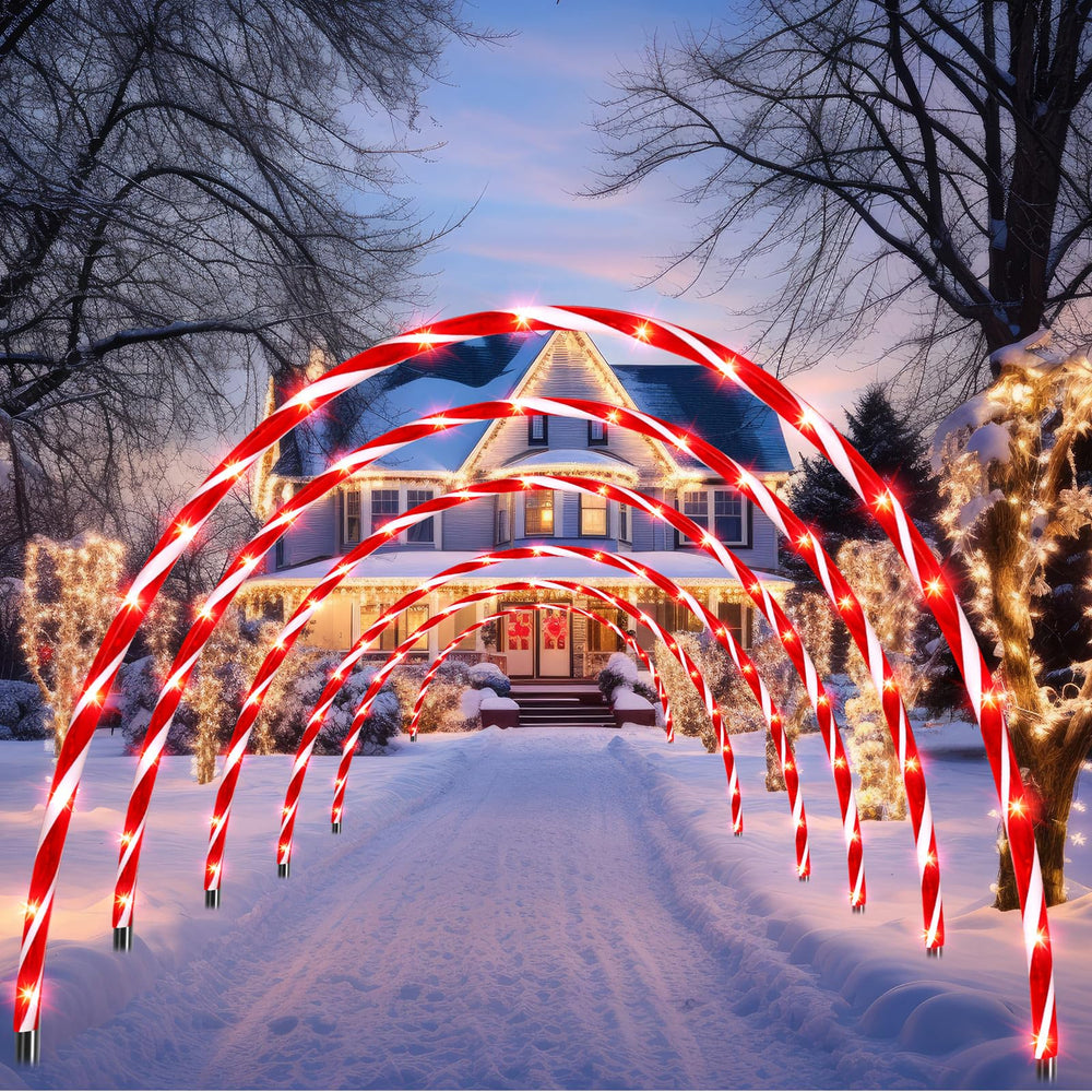 VIHOSE front view of six candy cane arches lighting a driveway, adds festive curb appeal