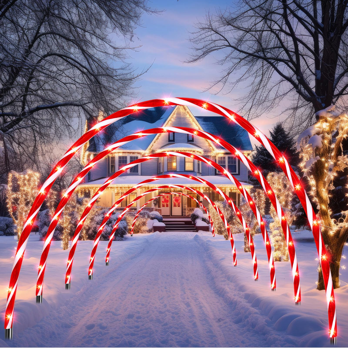 VIHOSE front view of six candy cane arches lighting a driveway, adds festive curb appeal