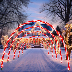 VIHOSE front view of six candy cane arches lighting a driveway, adds festive curb appeal