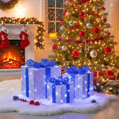 VIHOSE front view of three silver lighted gift boxes showing festive glow benefit