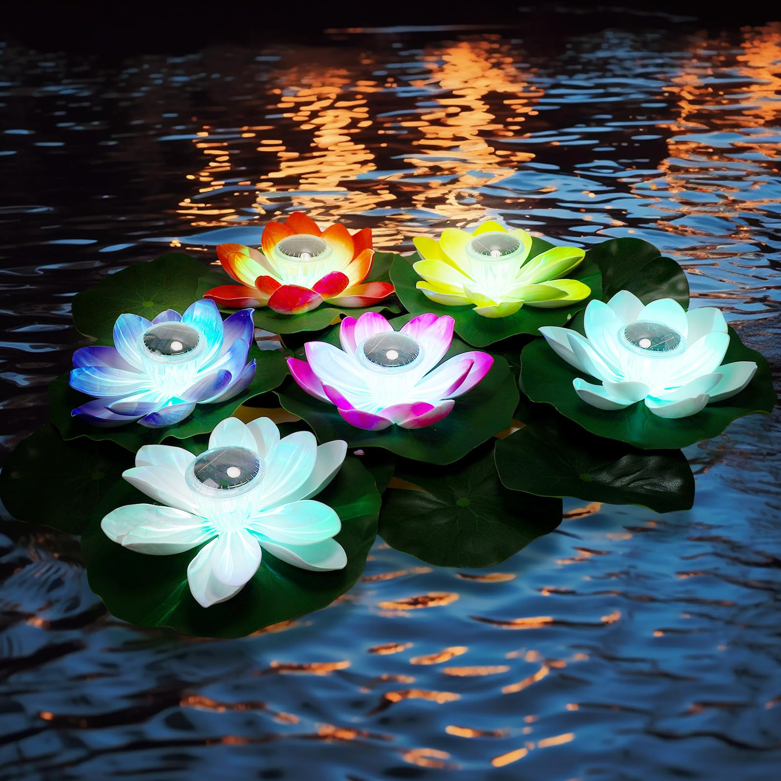 VIHOSE front view of six floating lotus lights showing colorful garden lighting benefits