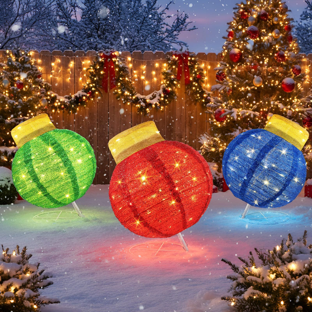 VIHOSE front view of three colorful outdoor balls showing festive curb appeal