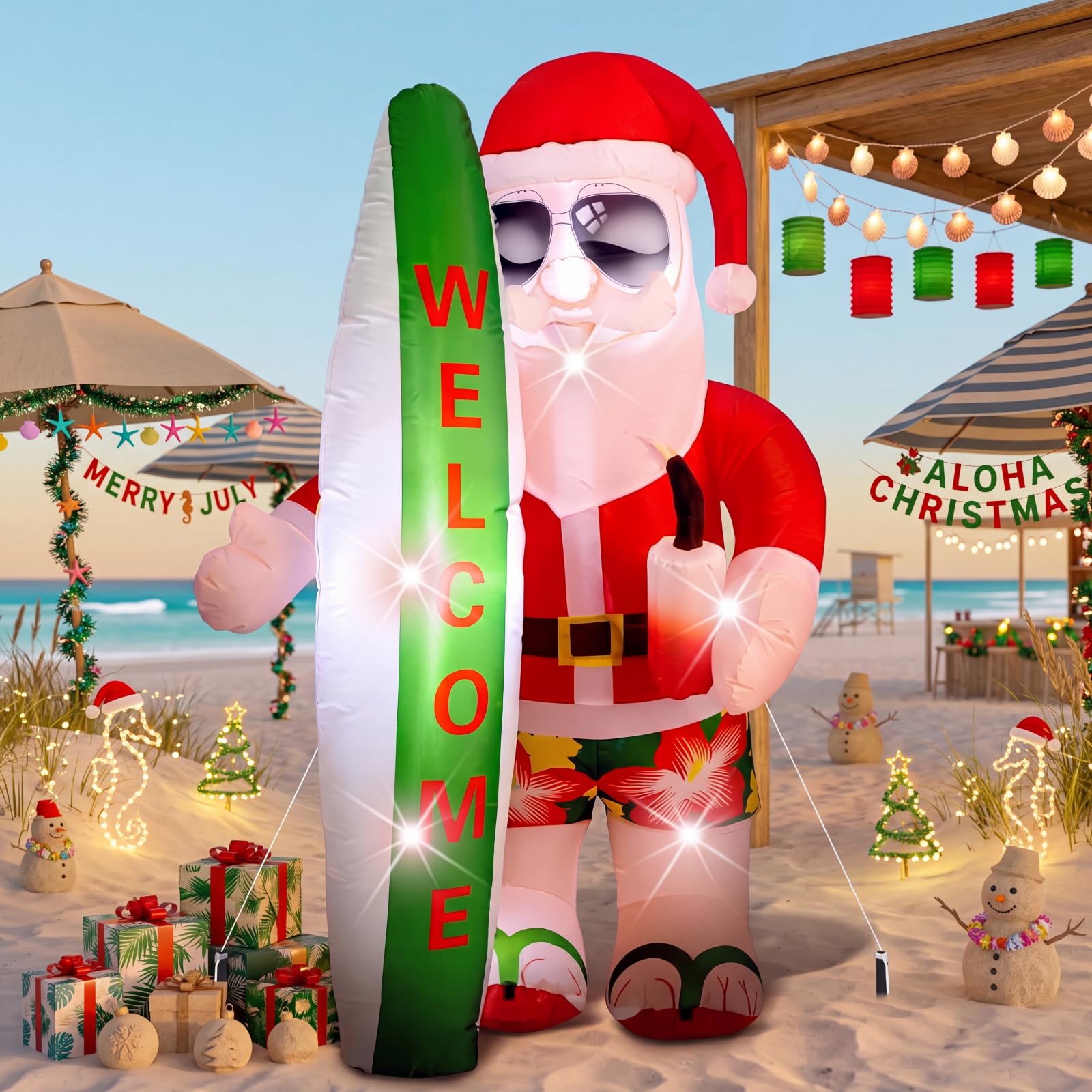 VIHOSE full front view showing festive beach Santa and welcome surfboard, eye-catching display