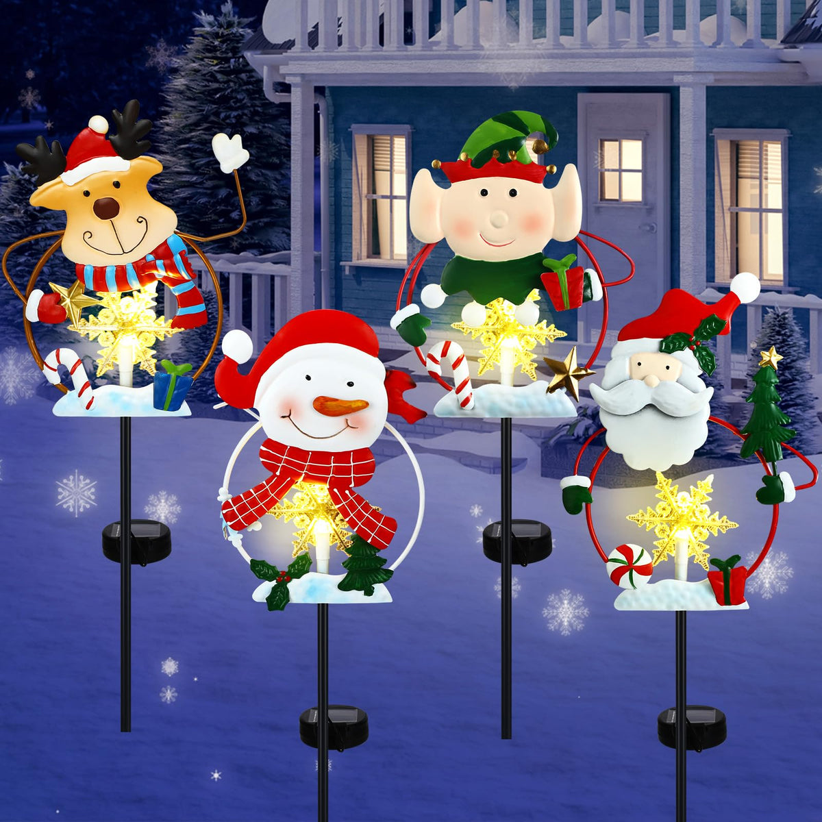 VIHOSE group shot of four Christmas stakes showing festive shapes and benefit of quick installation