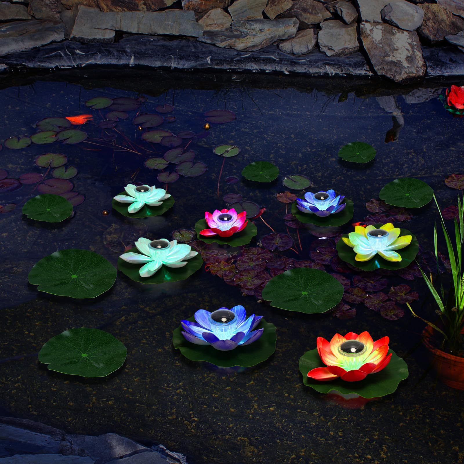 VIHOSE lotus lights floating in backyard pond adding ambient nighttime atmosphere