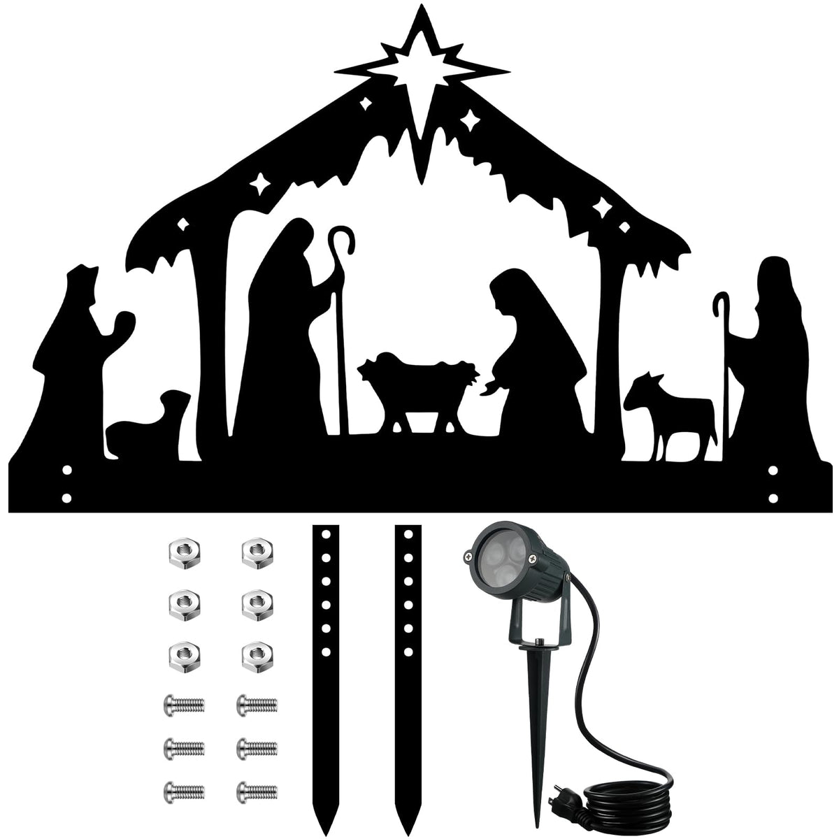 VIHOSE front view of metal nativity sign showing festive silhouette and durable finish