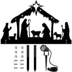 VIHOSE front view of metal nativity sign showing festive silhouette and durable finish
