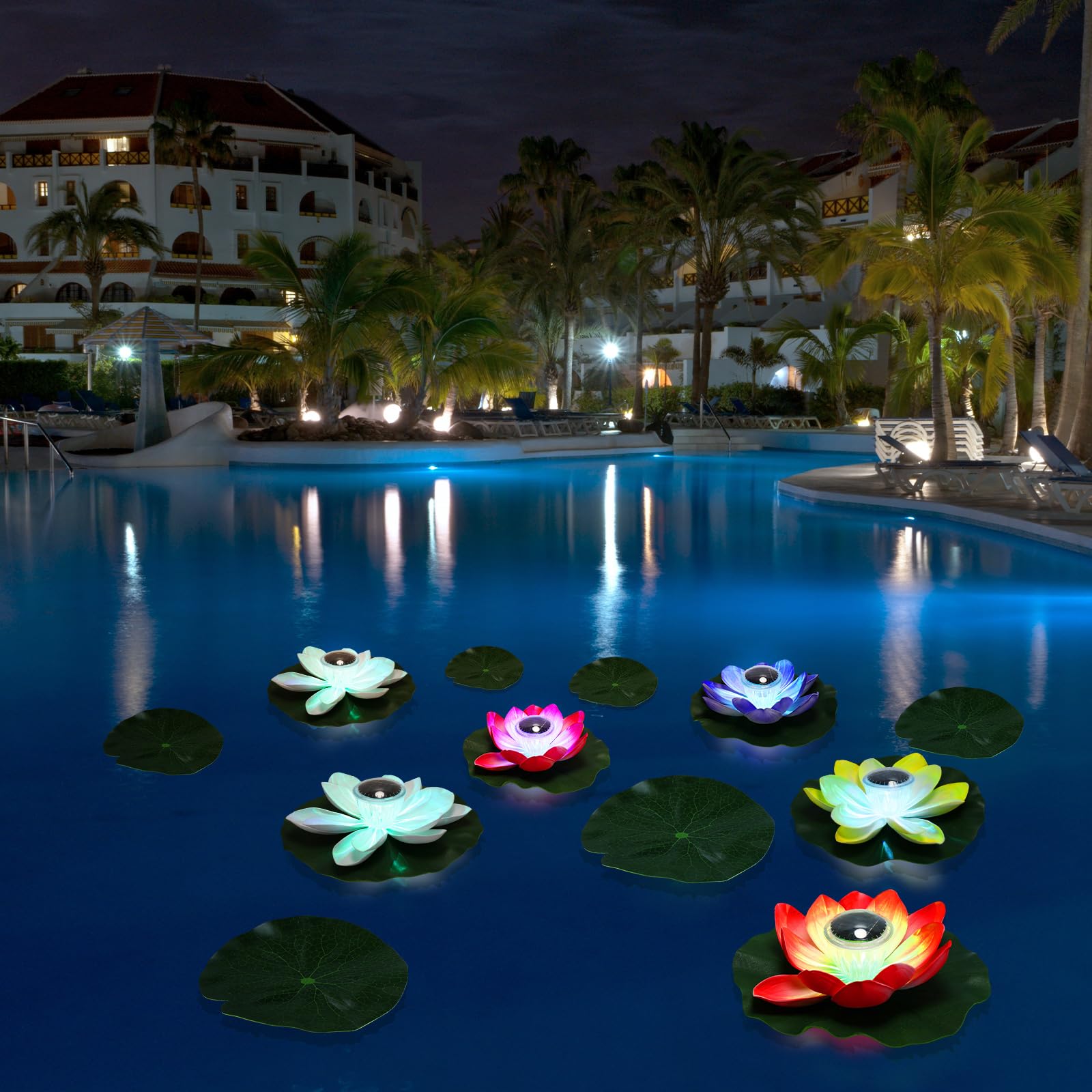 VIHOSE nighttime glow of floating lights at poolside creating inviting mood lighting