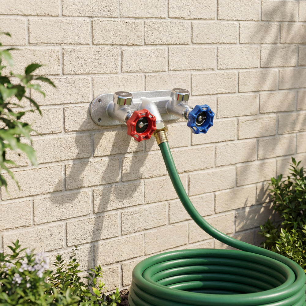 VIHOSE outlet with garden hose connected showing 3/4" GHT compatibility