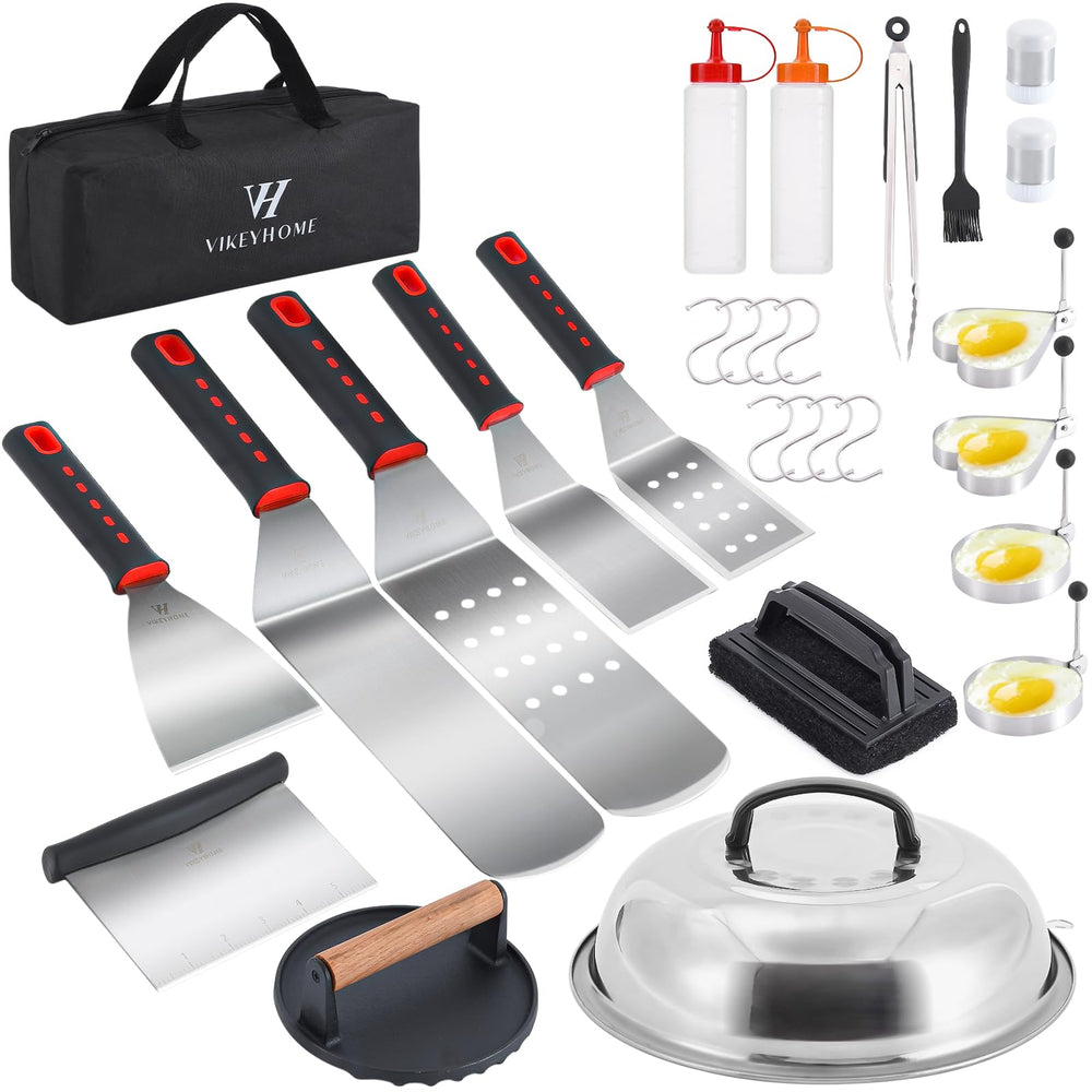 VIKEYHOME front layout of full 28-piece griddle kit showing organization and portability