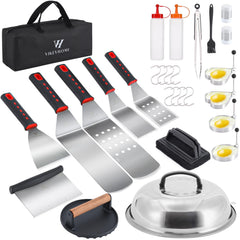 VIKEYHOME front layout of full 28-piece griddle kit showing organization and portability