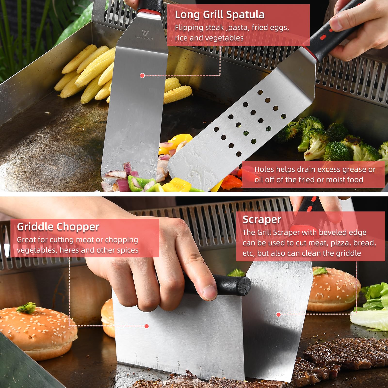 VIKEYHOME long-handle spatulas arranged to show heat clearance and control