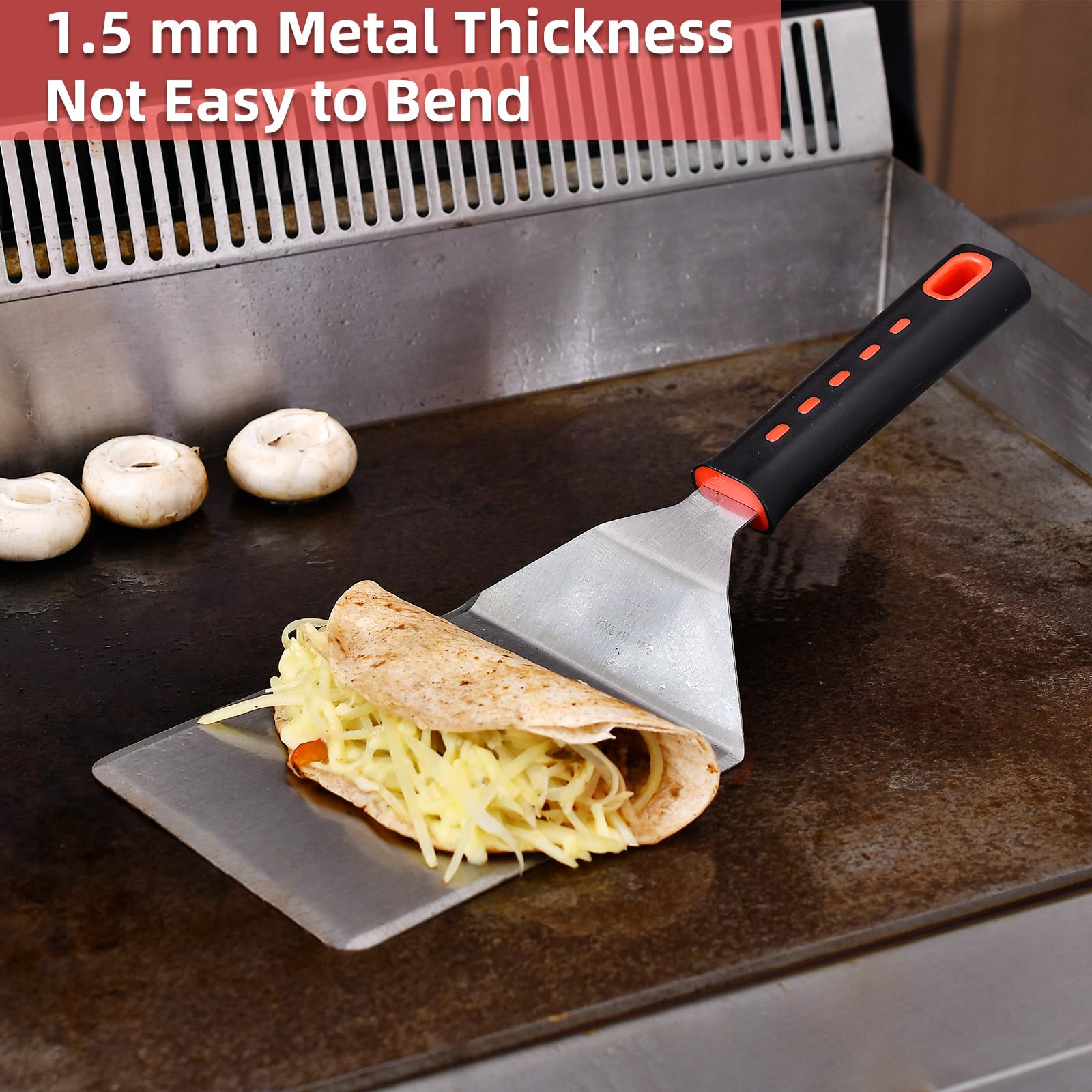 VIKEYHOME long stainless spatulas closeup for safe, precise flipping
