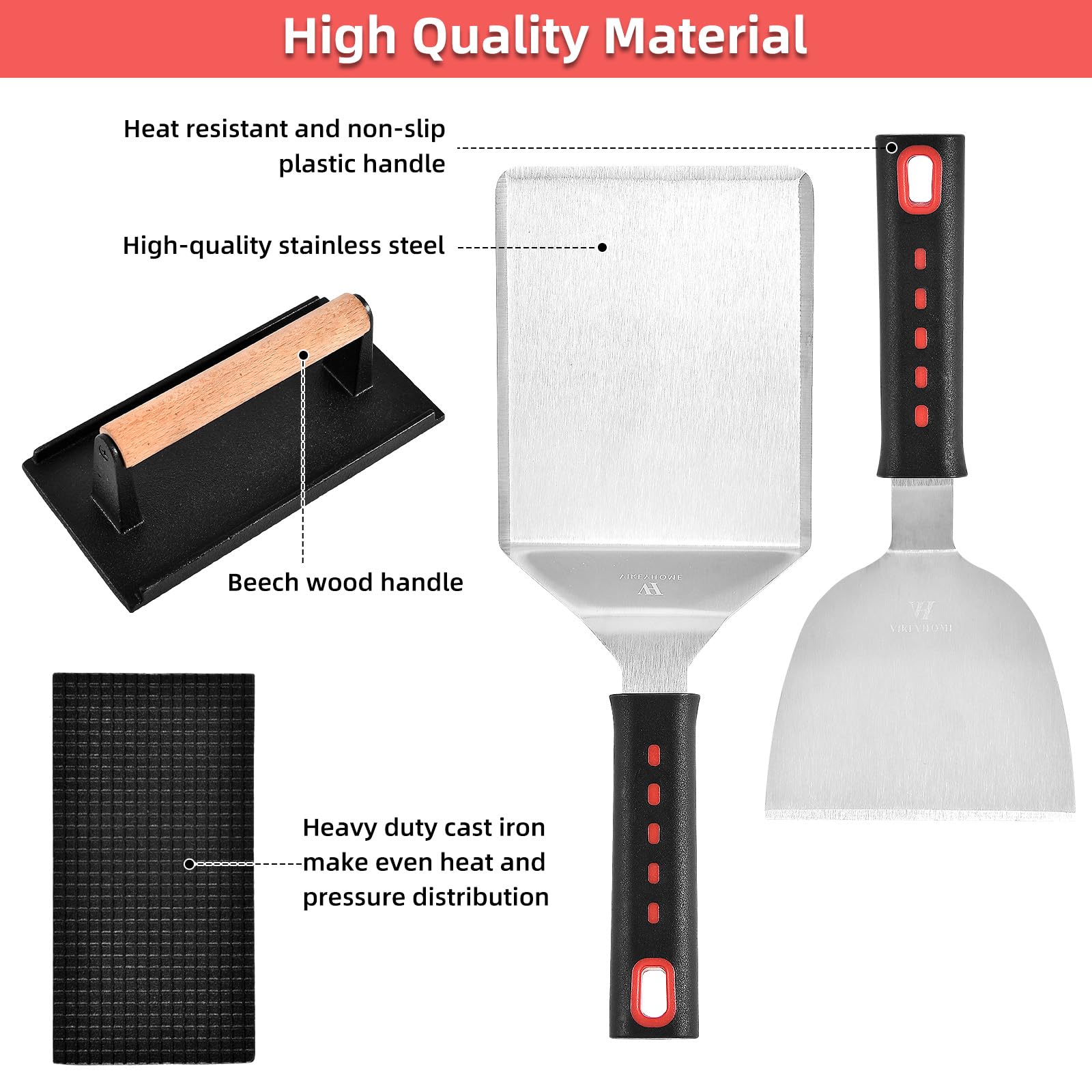 VIKEYHOME tools in use on a hot griddle for efficient cooking