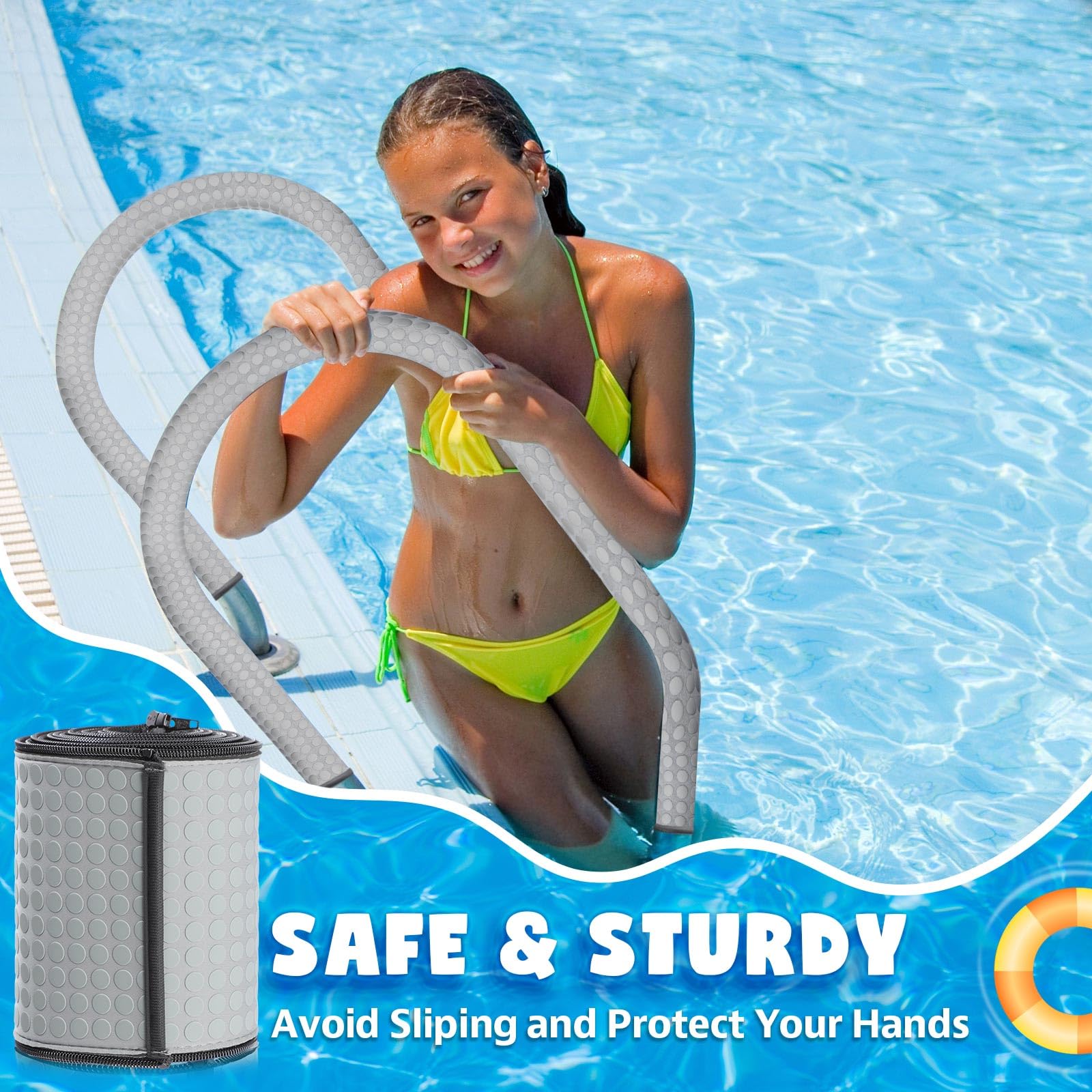 Vincreem cover on poolside rail in lifestyle scene offering comfort and year‑round traction