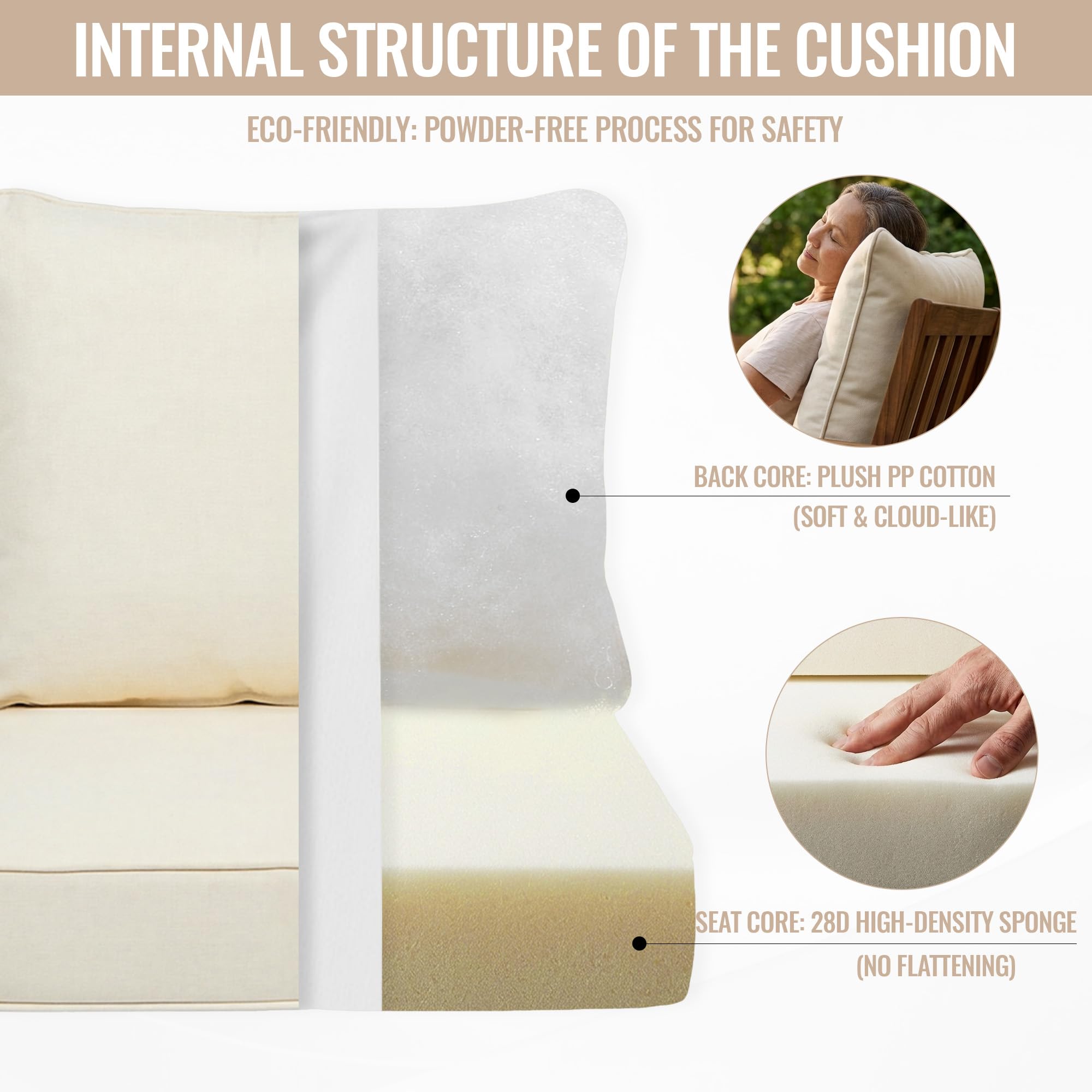 VineBreeze cushions placed on wicker patio chair illustrating improved comfort
