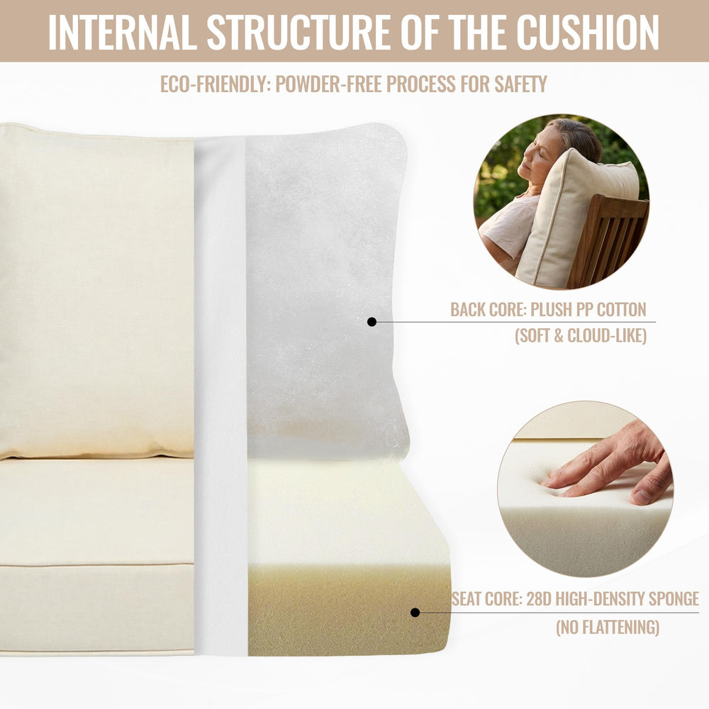 VineBreeze cushions placed on wicker patio chair illustrating improved comfort