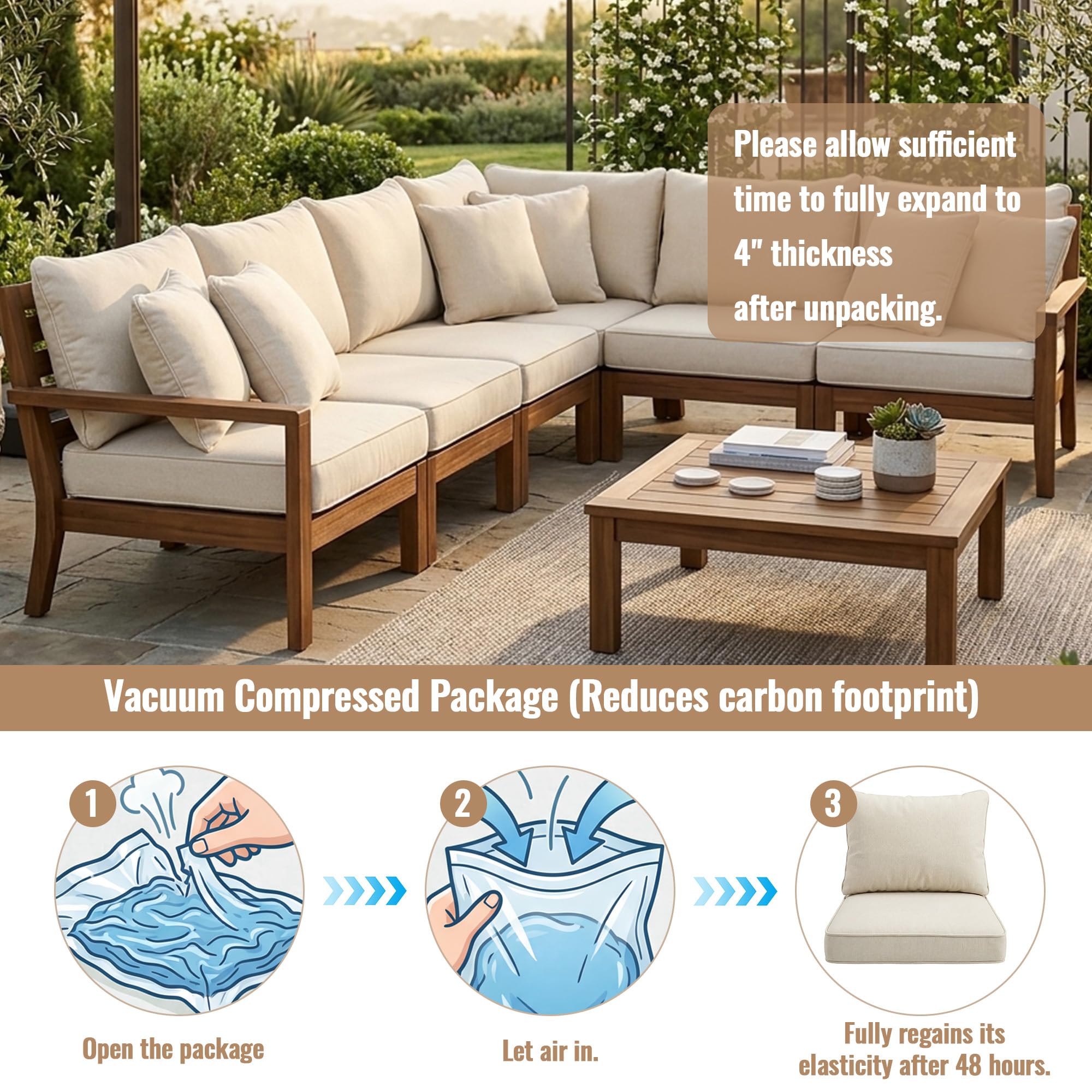 VineBreeze vacuum-sealed unpacked cushion demonstrating compact shipping and expansion