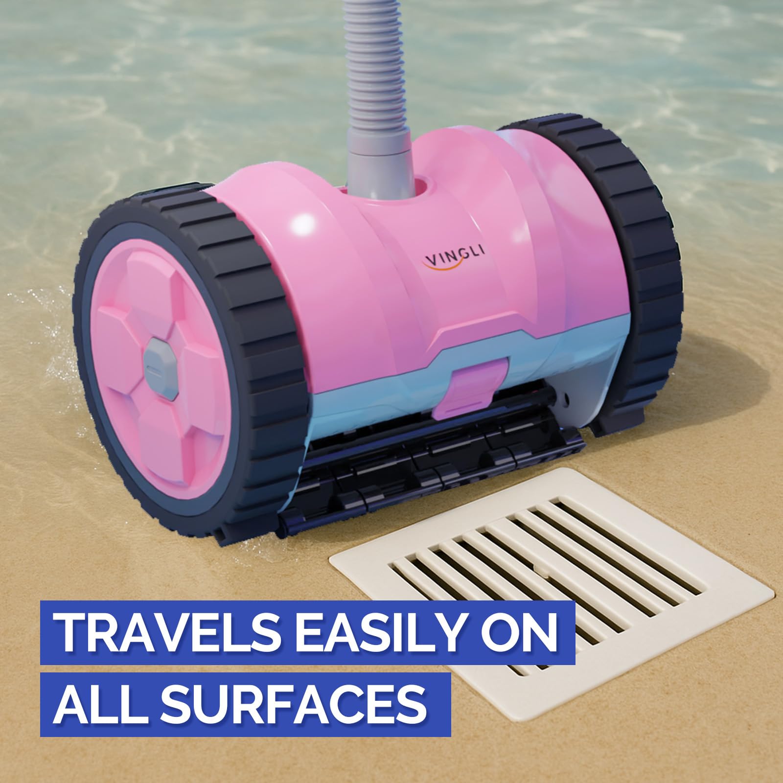 VINGLI in a backyard pool setting, delivers quiet cleaning while people relax