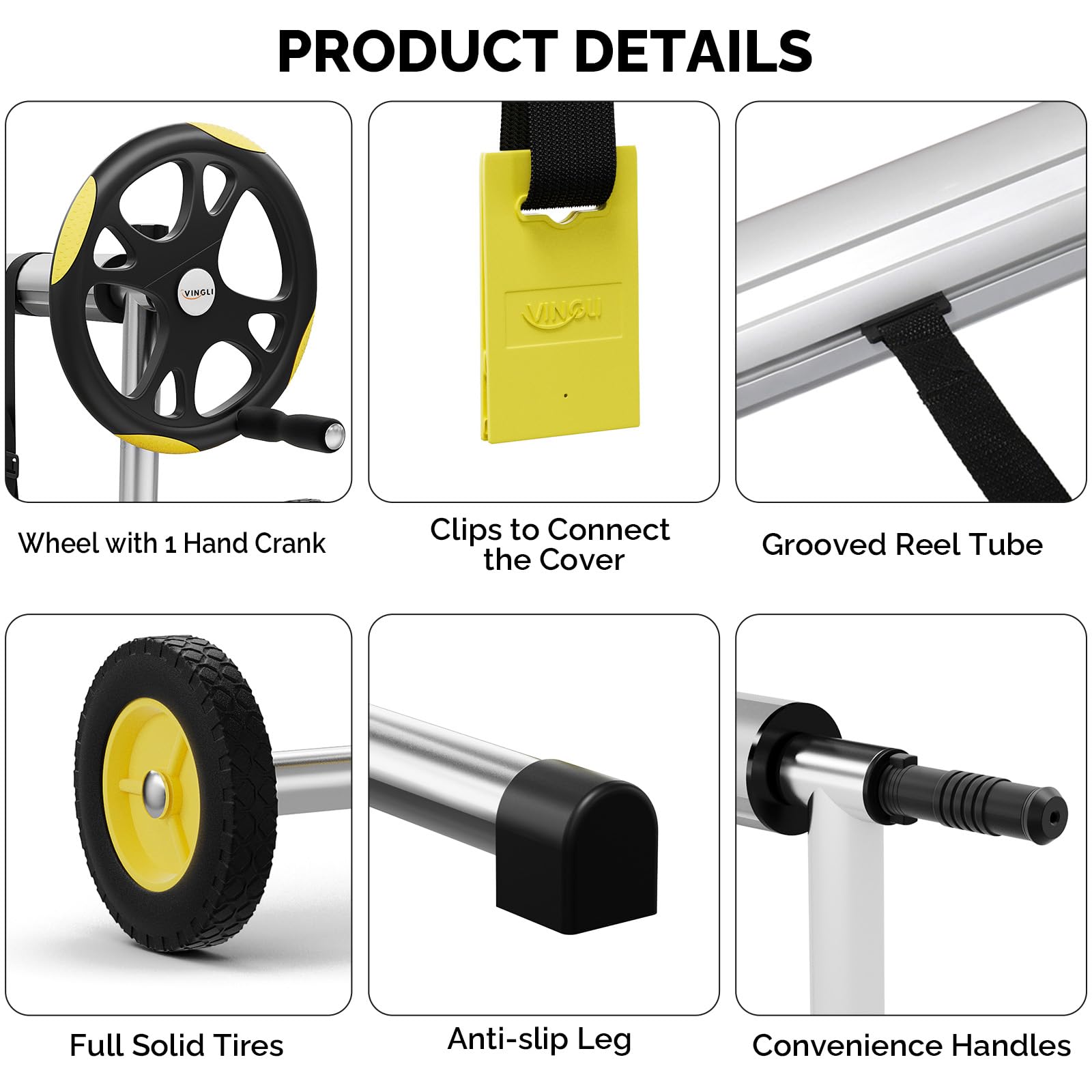 VINGLI reel next to pool edge for scale illustrating fit for up to 14ft wide pools
