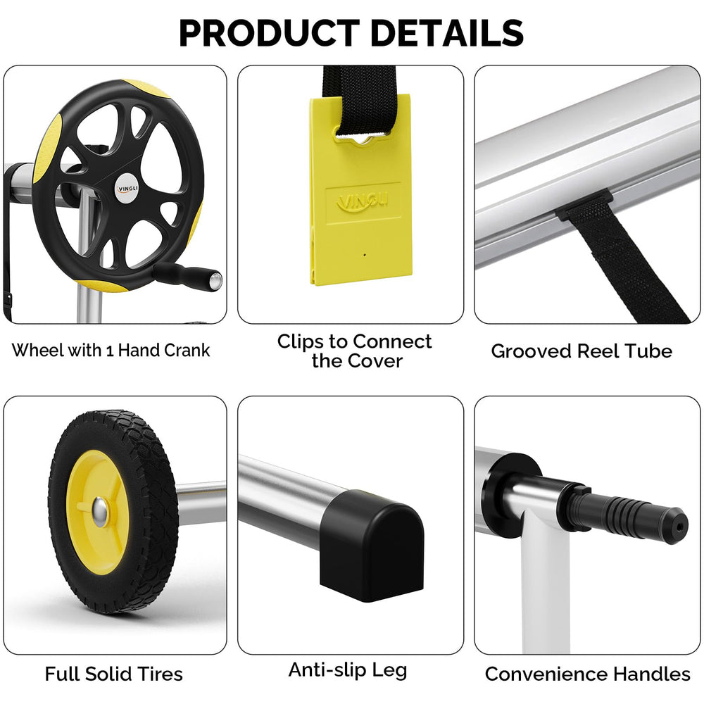 VINGLI reel next to pool edge for scale illustrating fit for up to 14ft wide pools