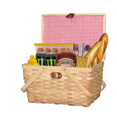 Vintiquewise front view of basket showing lid and natural woodchip weave for classic presentation