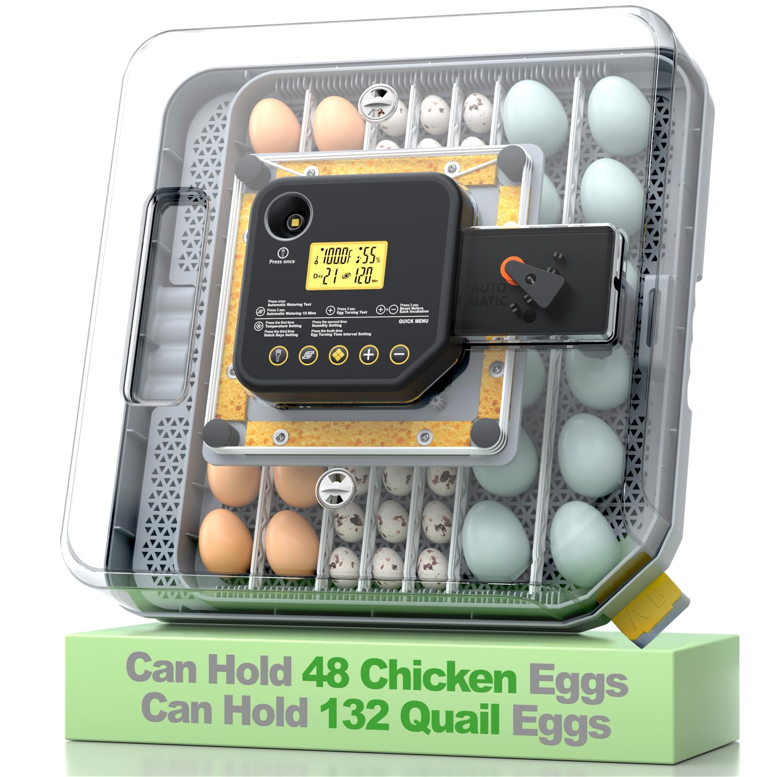 VIOPUMPO front view showing incubator panels and arranged egg trays for organized hatching
