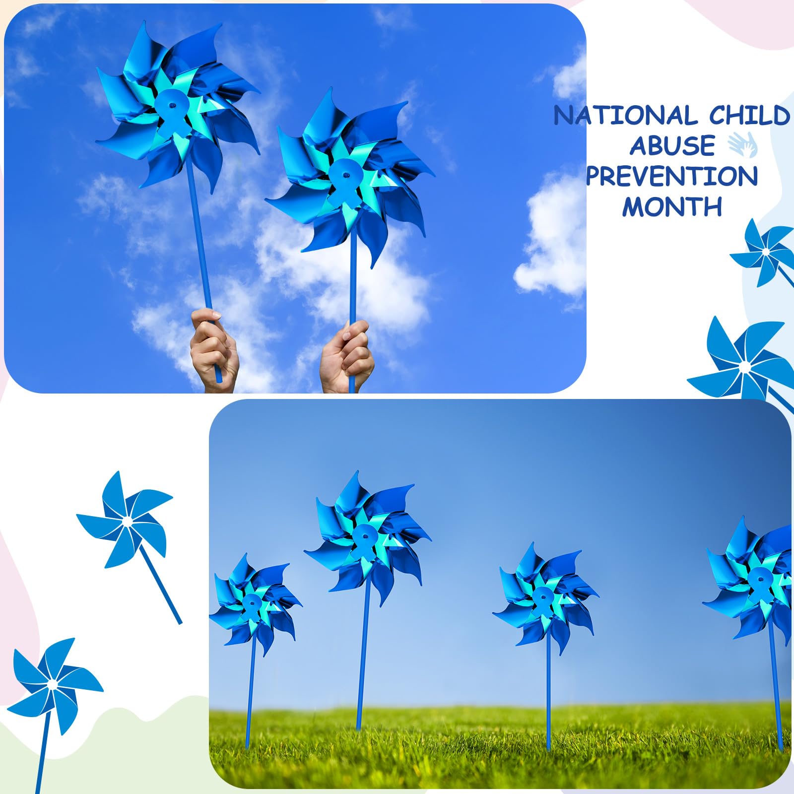 VioraWhite yard sign surrounded by many pinwheels conveying community awareness