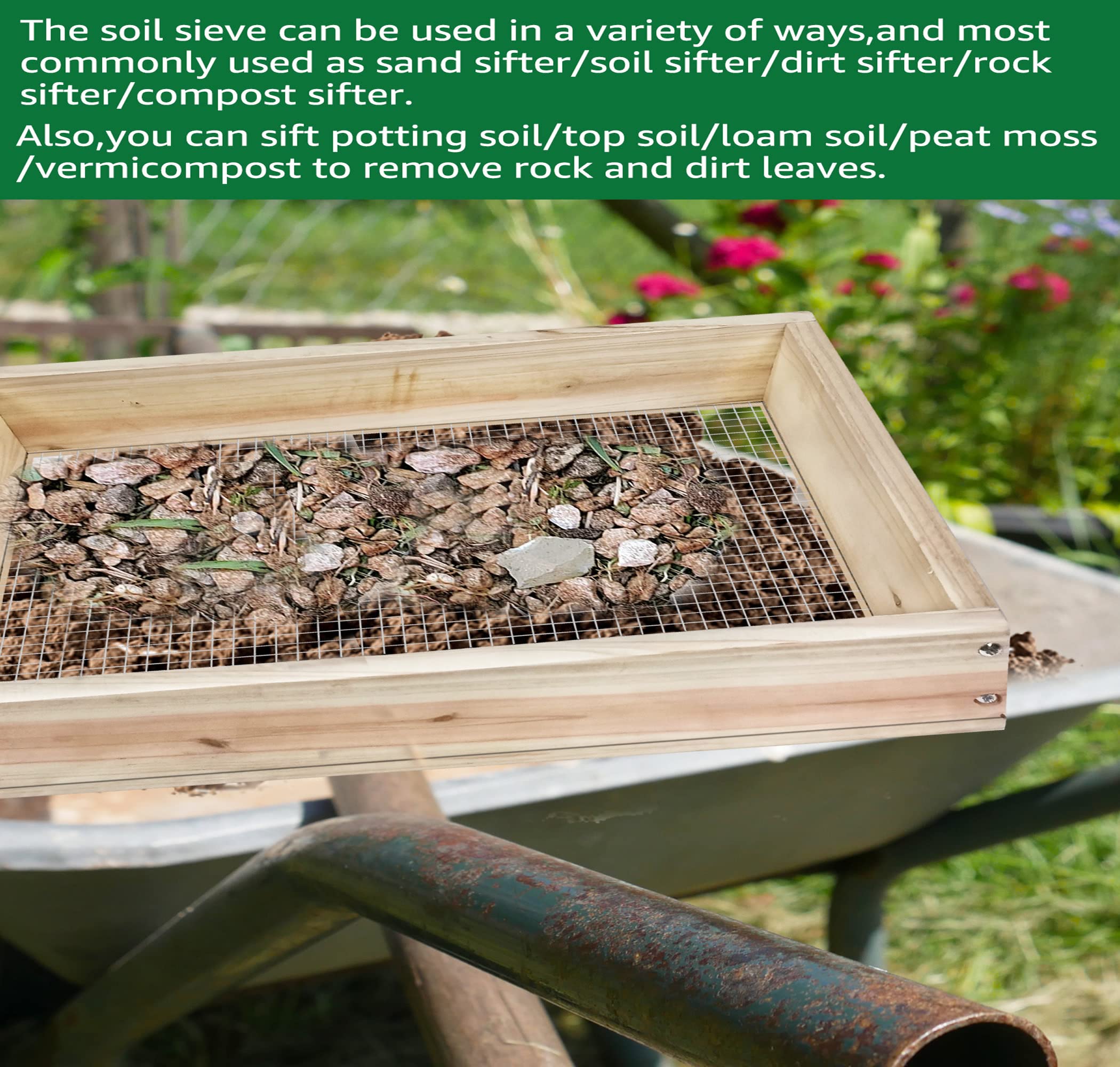 VIPMORE sifter on garden bench in use for repotting and small bed prep