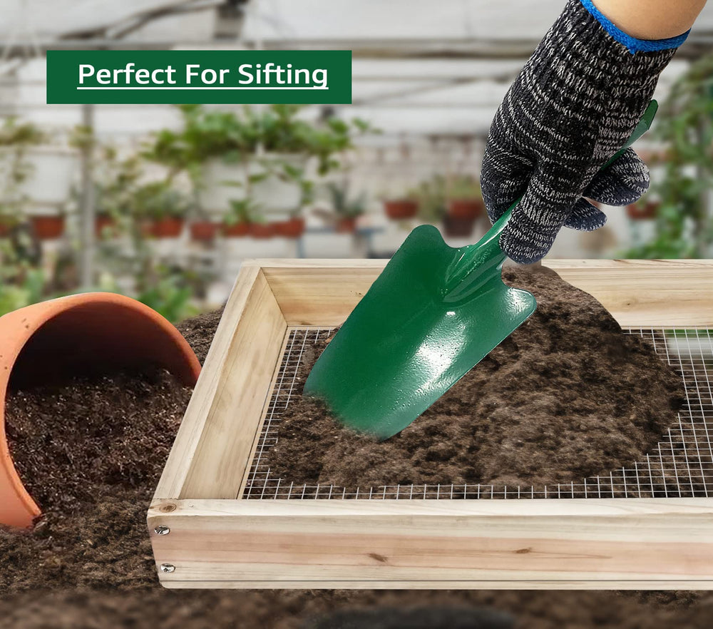 VIPMORE sifter resting on garden bench among tools, organizes workspace efficiently