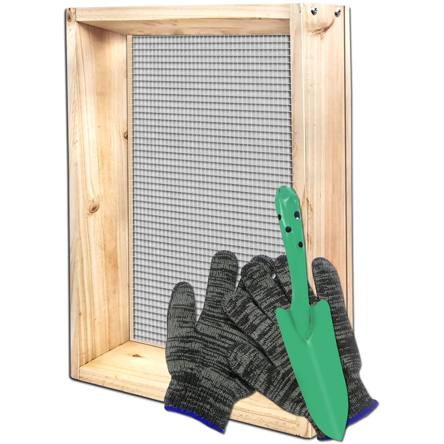 VIPMORE unboxed contents showing sifter glove and shovel, everything needed to start