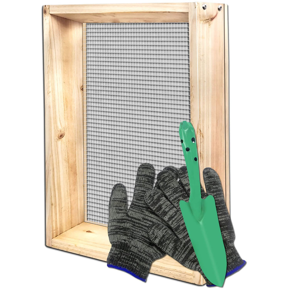 VIPMORE unboxed contents showing sifter glove and shovel, everything needed to start
