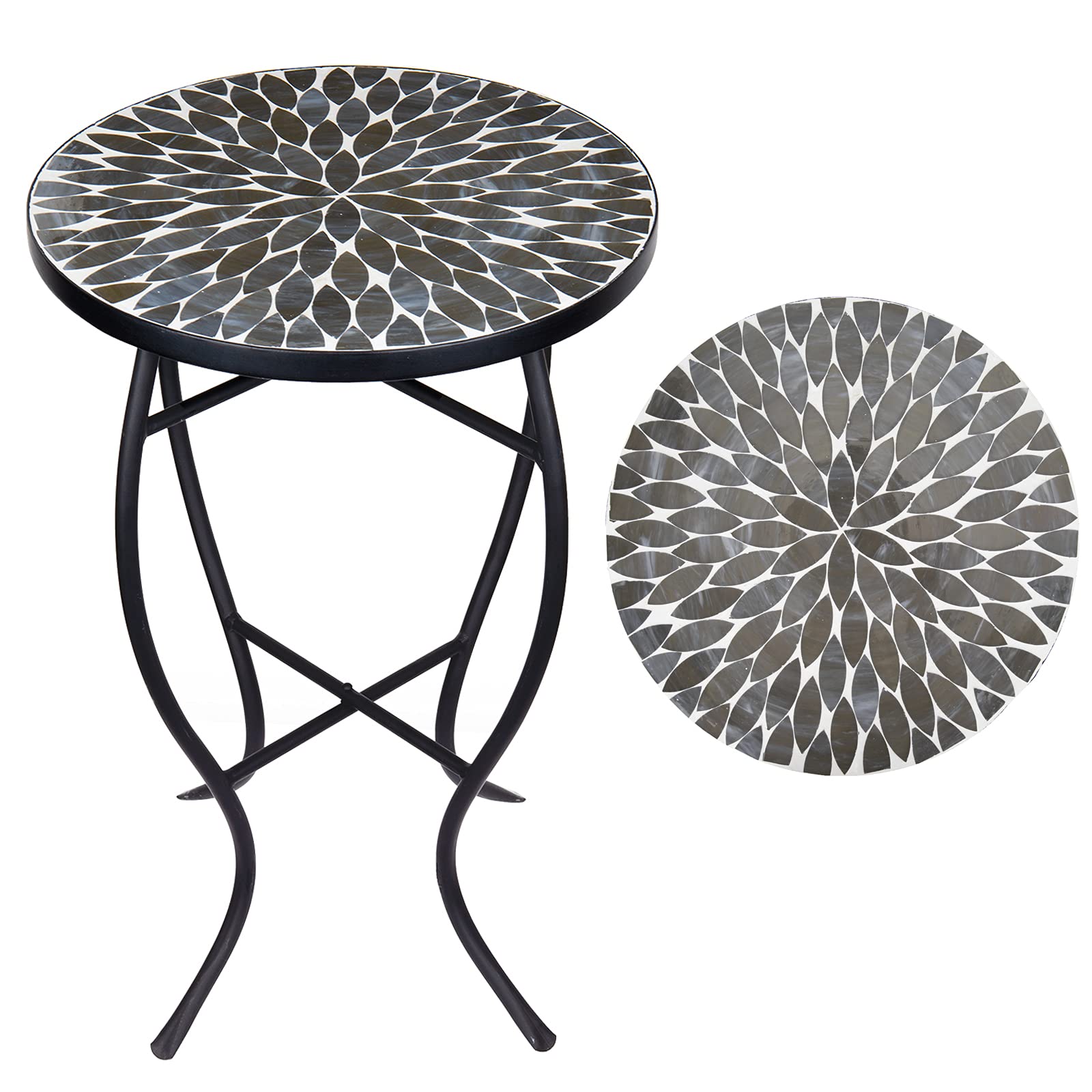 Vipush front view of mosaic side table showing compact stylish outdoor surface