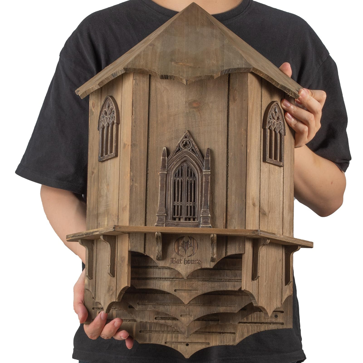 VIREESR bat house front view showing weatherproof cedar and secure chambers for habitat