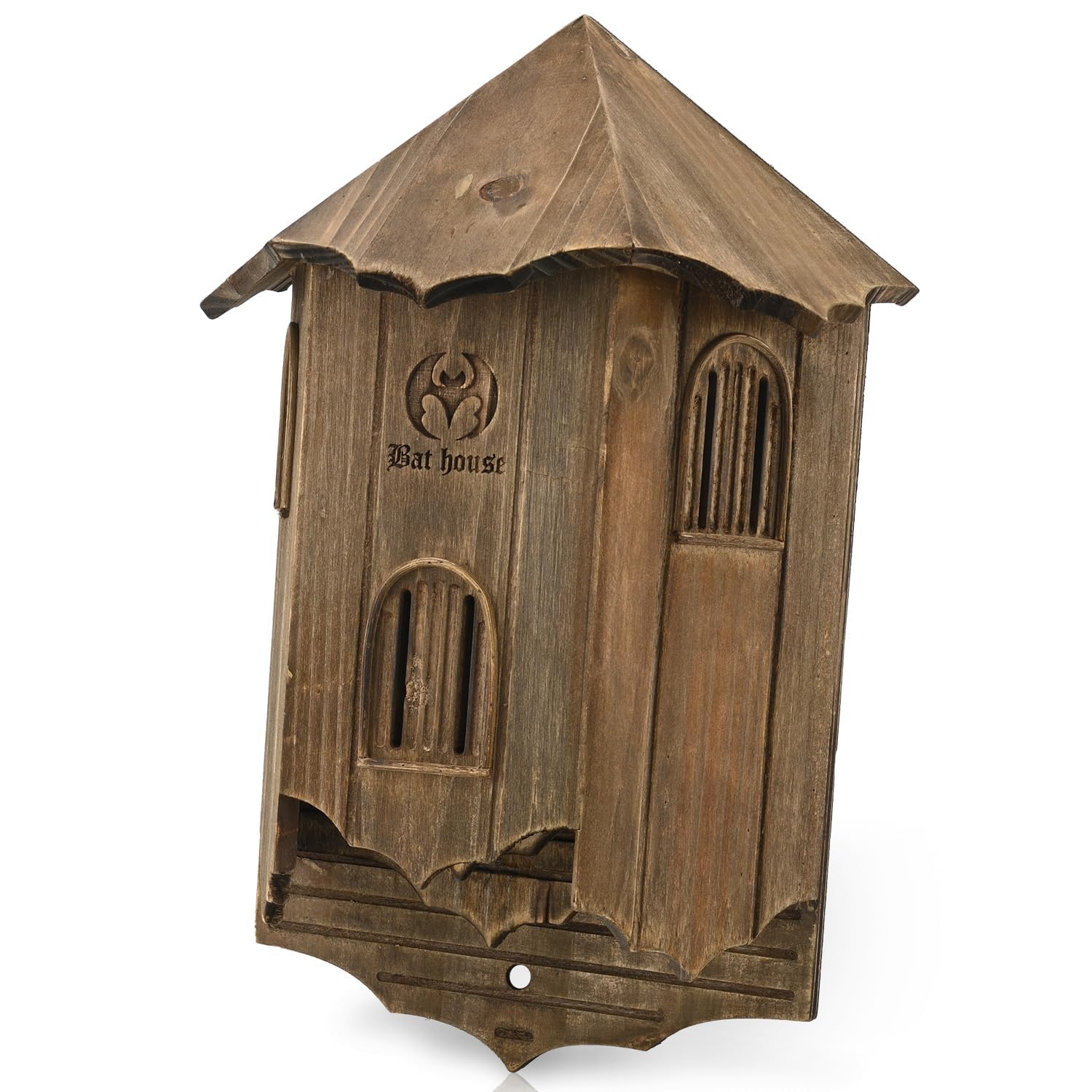 VIREESR front view of Castle 3-chamber bat house shows sturdy entrance and weatherproof benefit